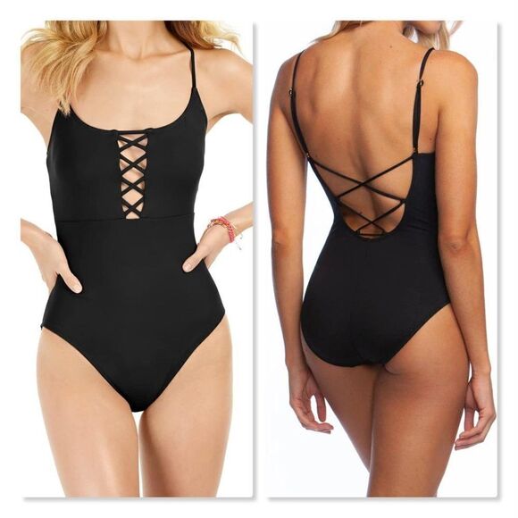 🌴 LA BLANCA 🌴 Island Goddess Laceup Mio One Piece Swimsuit - [Size 6 Black]